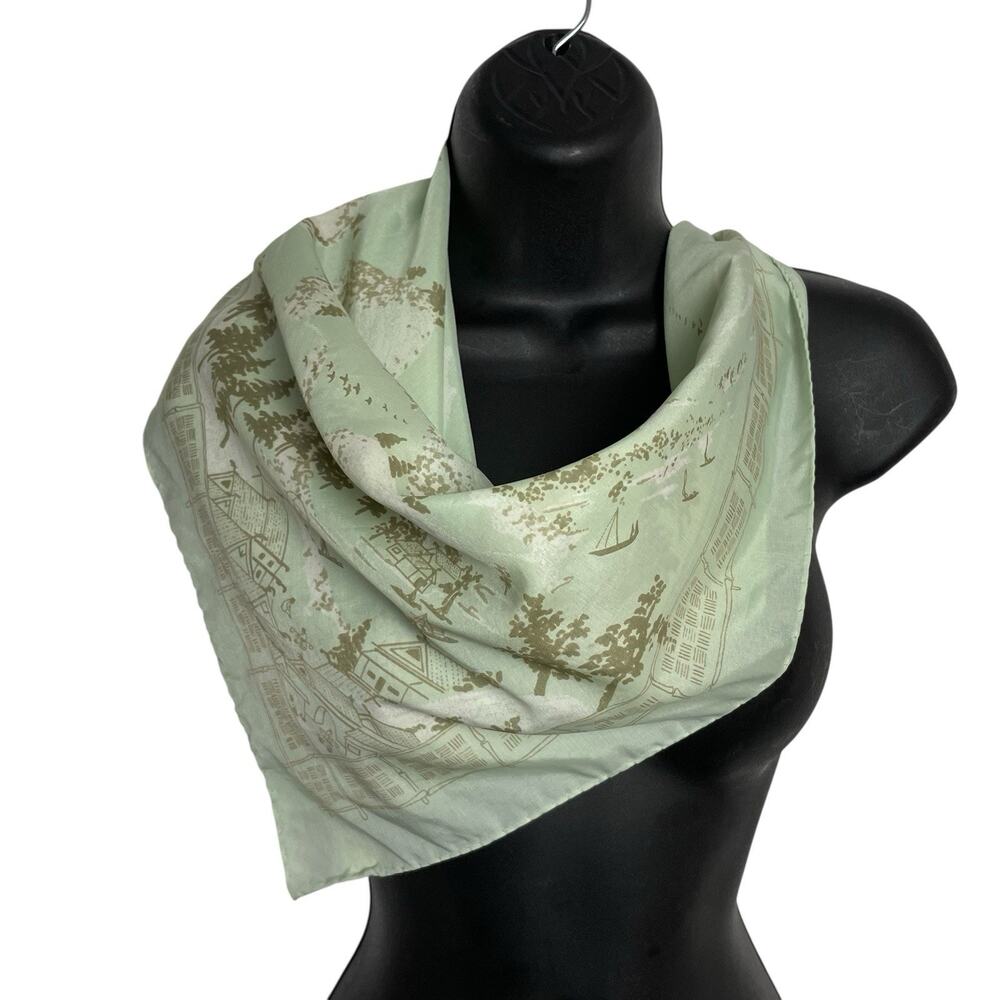 Vintage Asian Landscape Scarf 26" Square‎ Green Hand Rolled Robinson Golluber